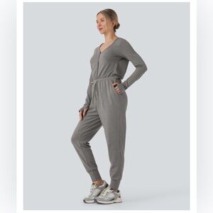 Halara V Neck Long Sleeve Thumb Hole Drawstring Workout Jumpsuit with Pockets